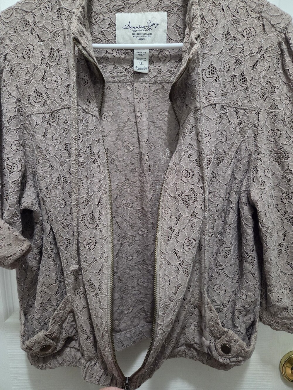 American Rag Lace Zip Jacket XL Taupe Roll Tab Sleeve Cotton Blend Shacket - Picture 3 of 7